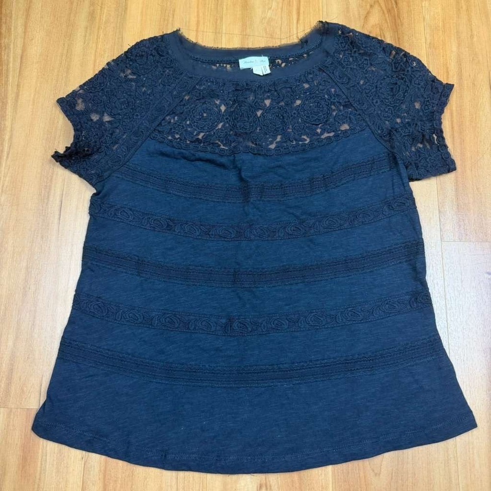 Meadow Rue Anthropologie Black Lace Yoke Slub Cotton Top Blouse Womens Medium